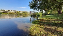 Úterní ranní situace u Vltavy v Braníku při průtoku přes 900 m3/s